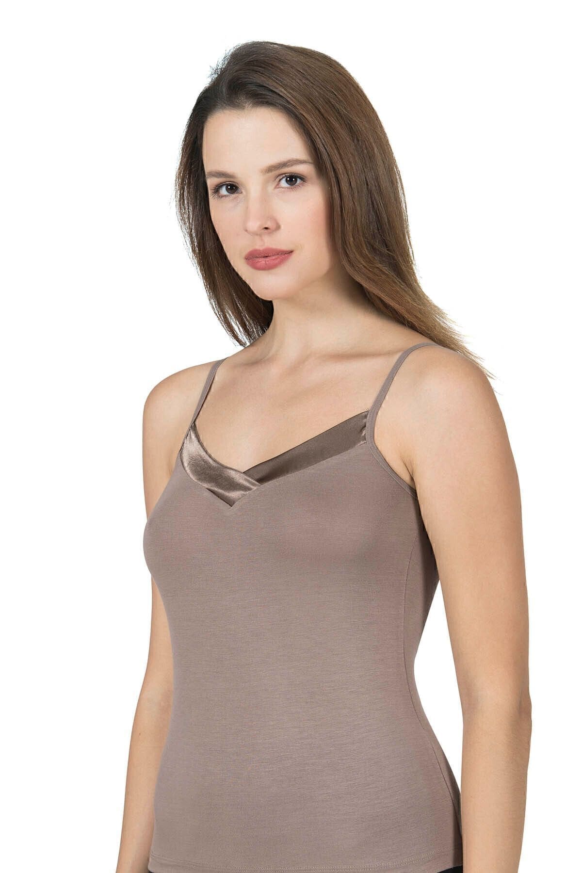 Esnek Viskon Saten Yakalı İnce Askılı Atlet Özkan 2040 - Kahverengi