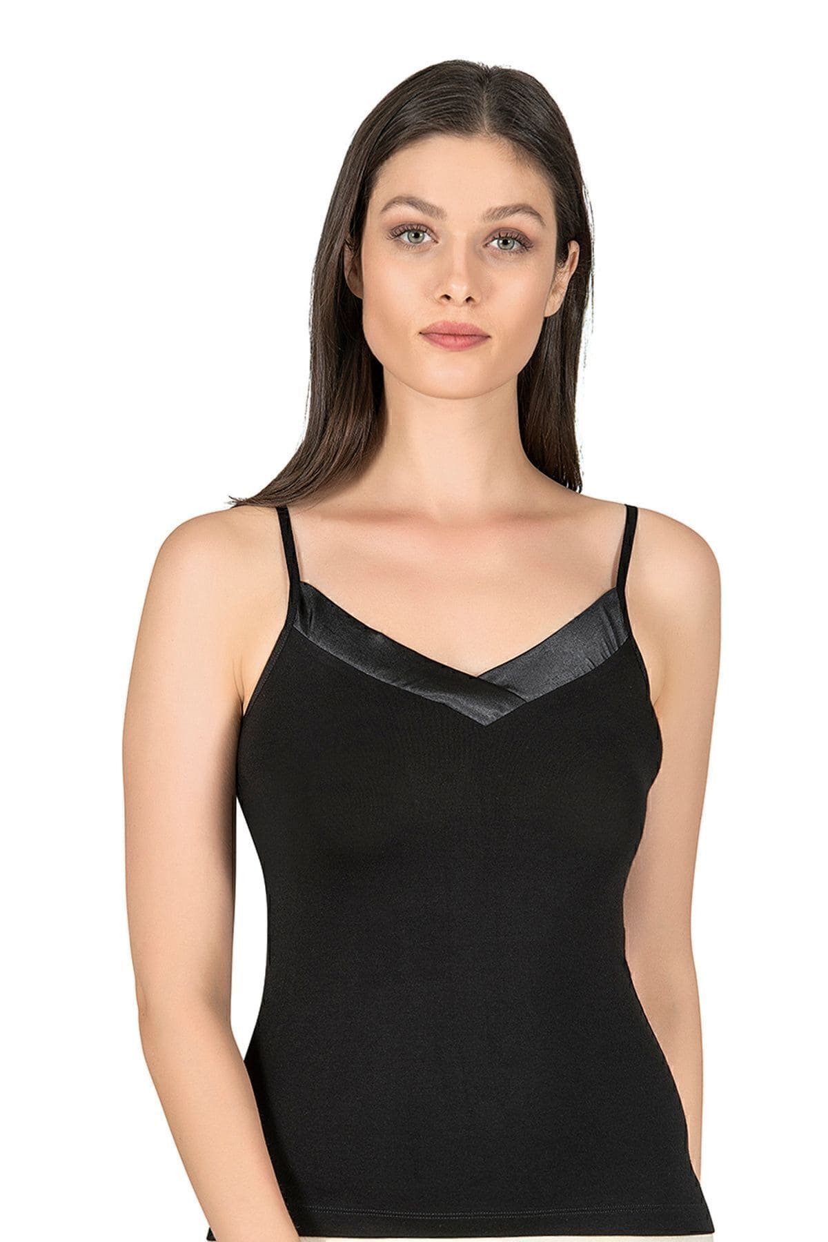 Esnek Viskon Saten Yakalı İnce Askılı Atlet Özkan 2040 - Siyah