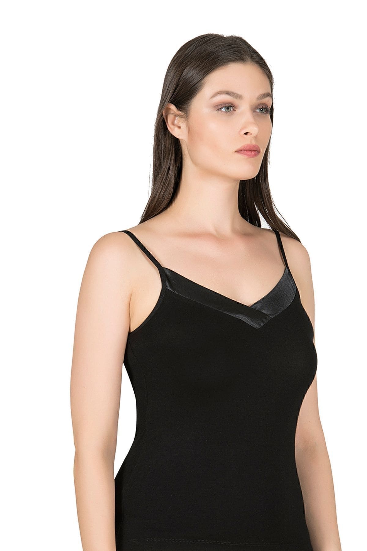 Esnek Viskon Saten Yakalı İnce Askılı Atlet Özkan 2040 - Siyah