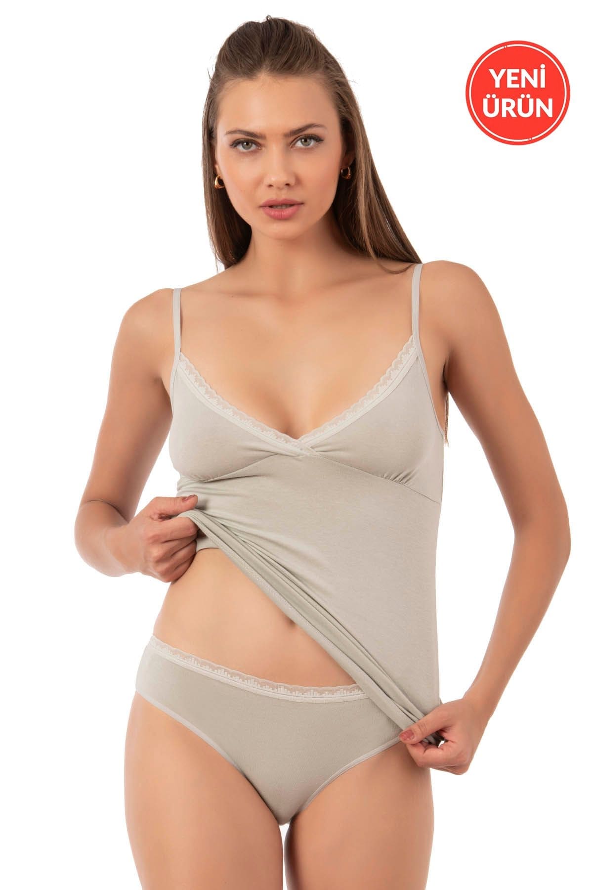 Pamuklu Likralı İnce Askılı Kadın Atlet Özkan 27027 - Yeşil