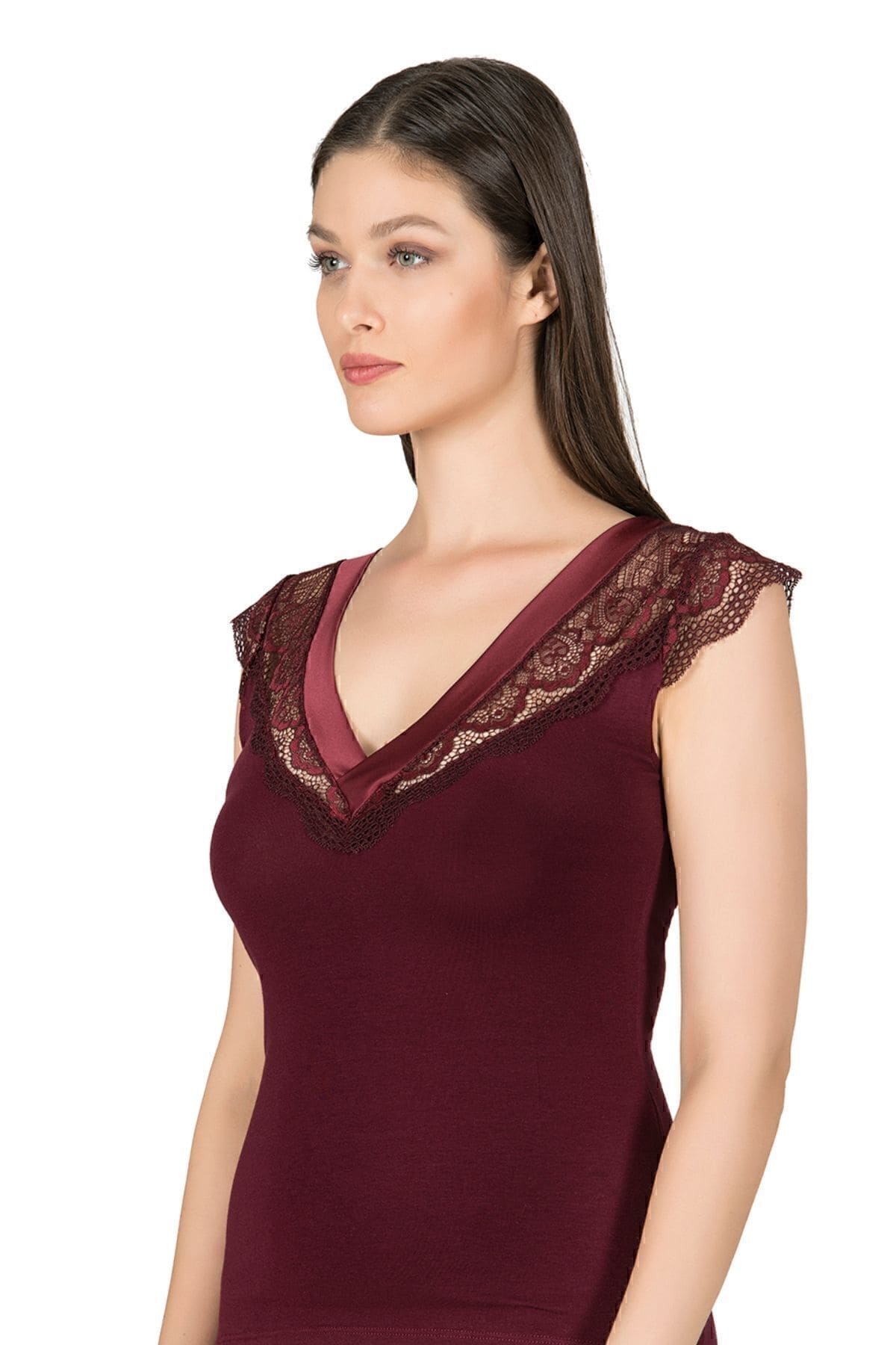 Pamuklu Modal Saten Yaka Dantel Kadın Atlet Özkan 25430 - Bordo
