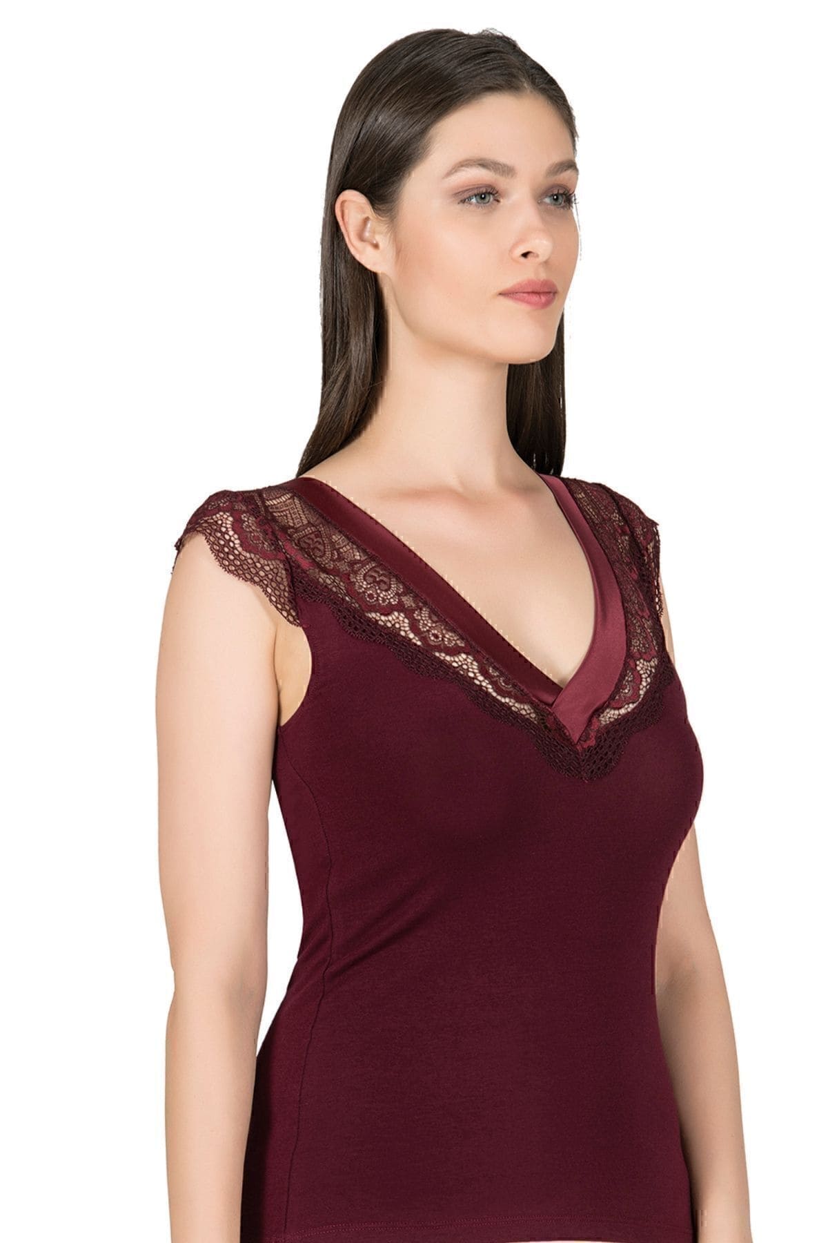 Pamuklu Modal Saten Yaka Dantel Kadın Atlet Özkan 25430 - Bordo