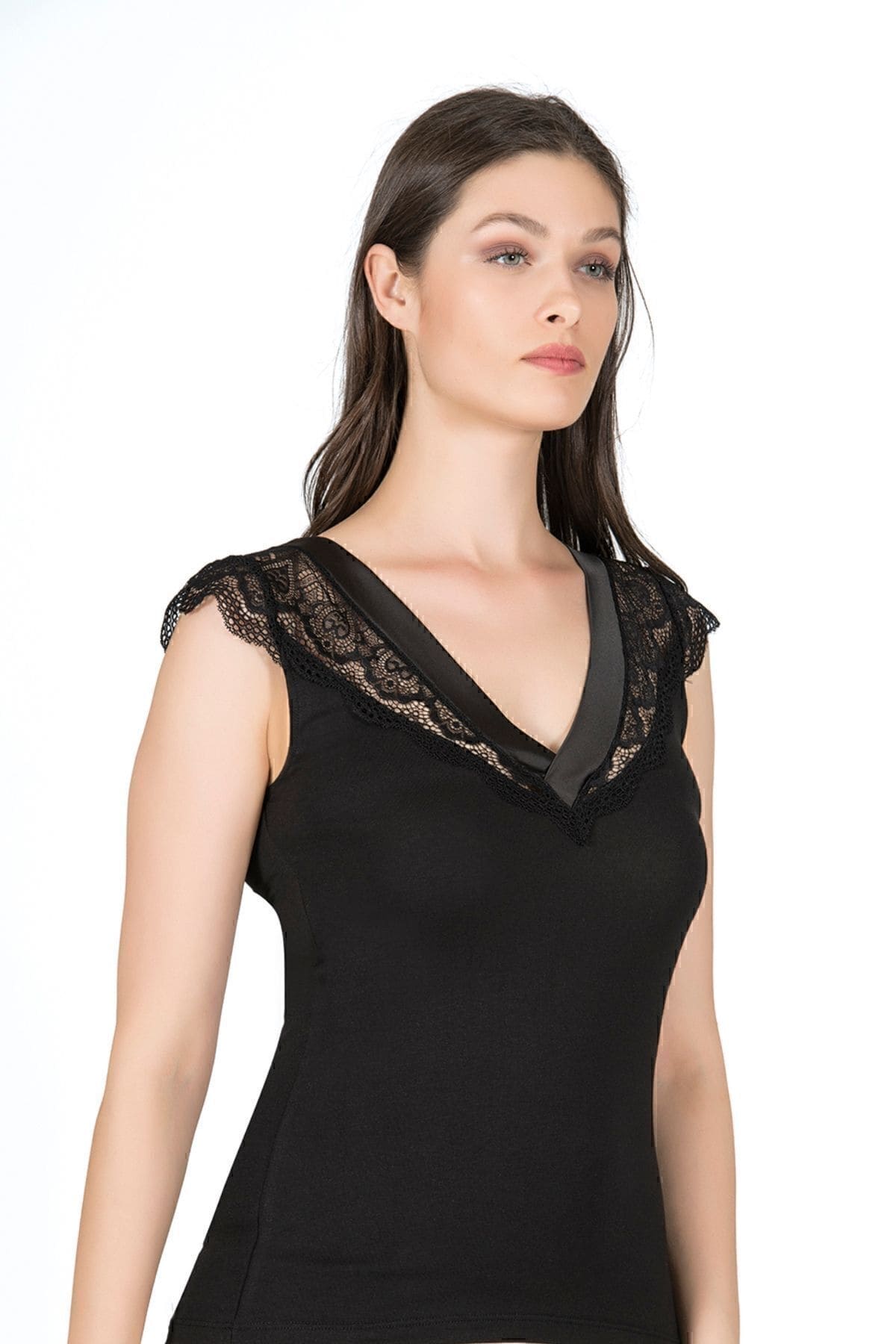 Pamuklu Modal Saten Yaka Dantel Kadın Atlet Özkan 25430 - Siyah