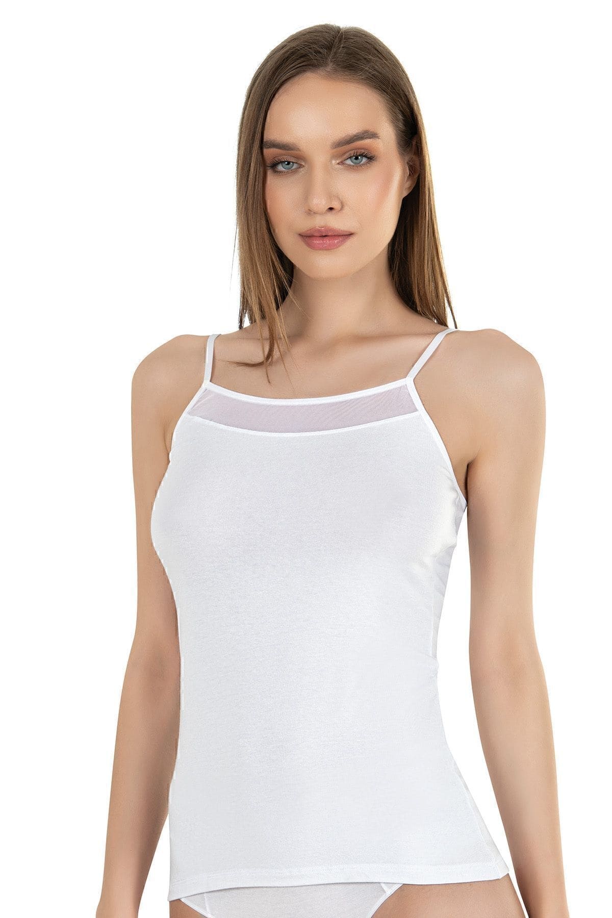 Pamuklu Modal Tül Detaylı İnce Askılı Kadın Atlet Özkan 26819 - Beyaz