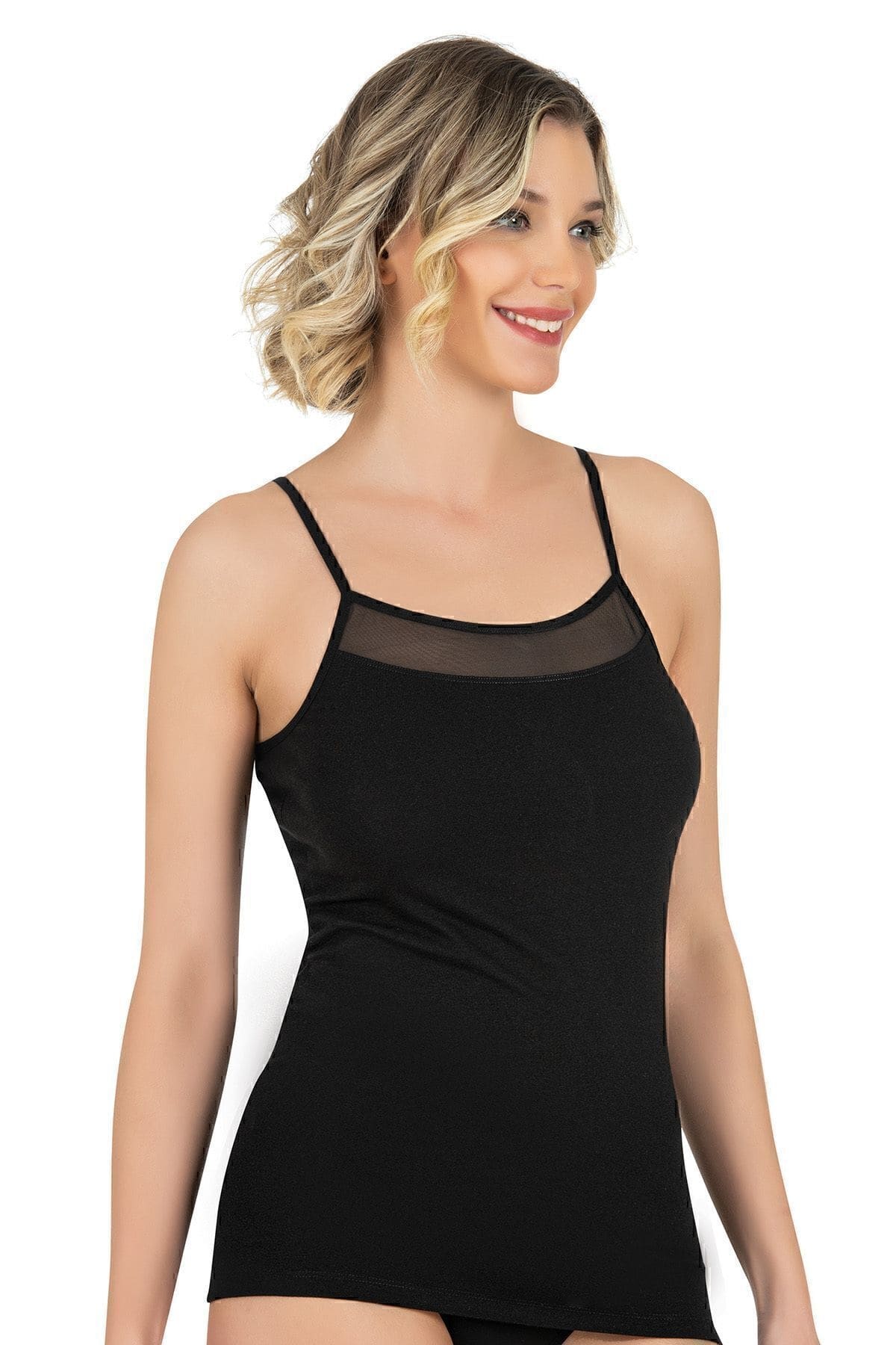 Pamuklu Modal Tül Detaylı İnce Askılı Kadın Atlet Özkan 26819 - Siyah