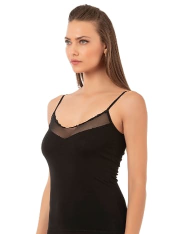 Pamuklu Tül Detaylı İnce Askılı Kadın Atlet Özkan 20572 - Siyah