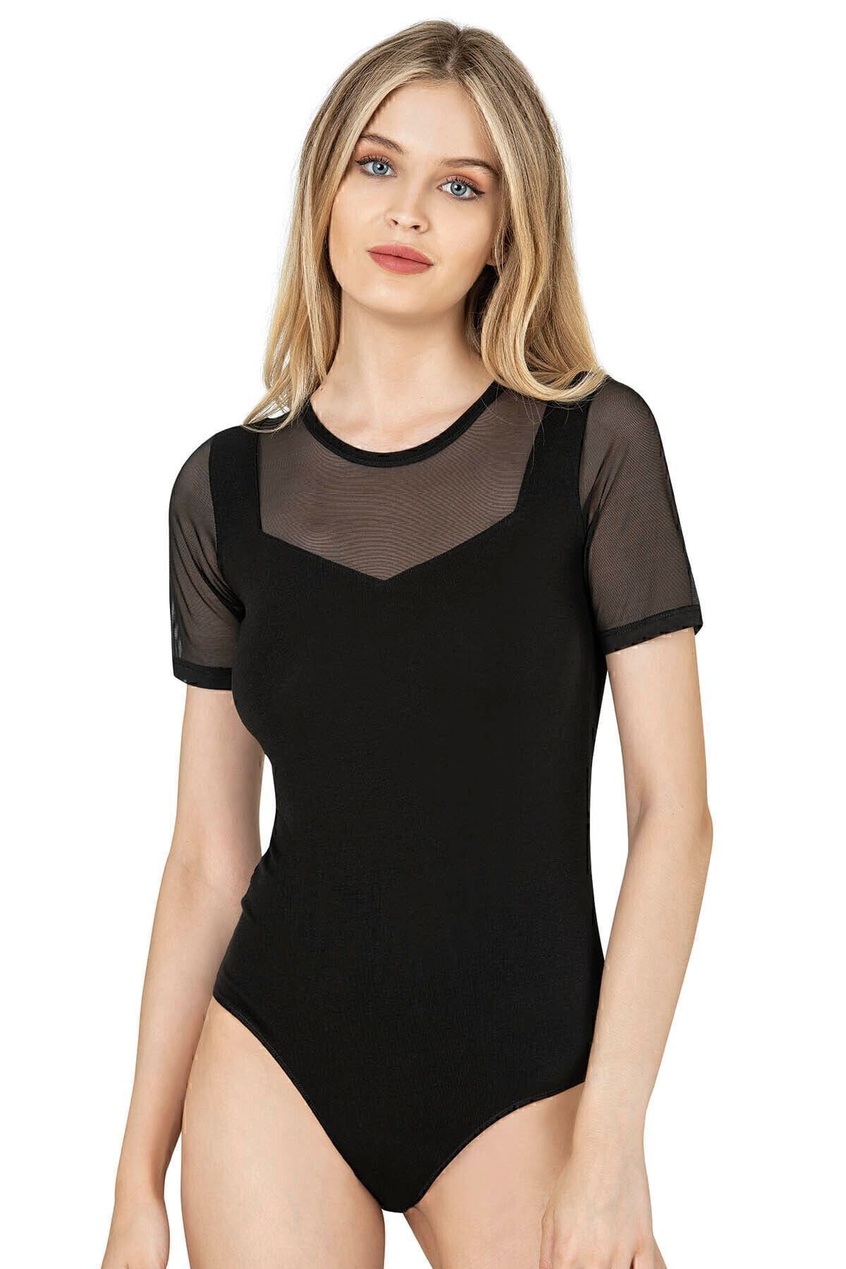 Pamuklu Tül Detaylı Kancalı Body Özkan 26830 - Siyah