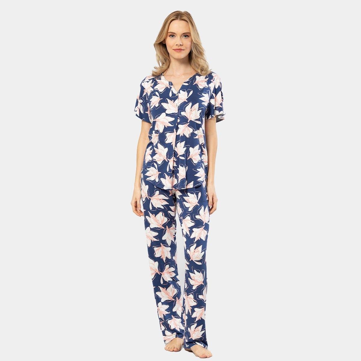 Patlı Örme Kısa Kollu Gömlek Yaka Kadın Pijama Takımı Viskon Elastan Türen 3606 - Lacivert