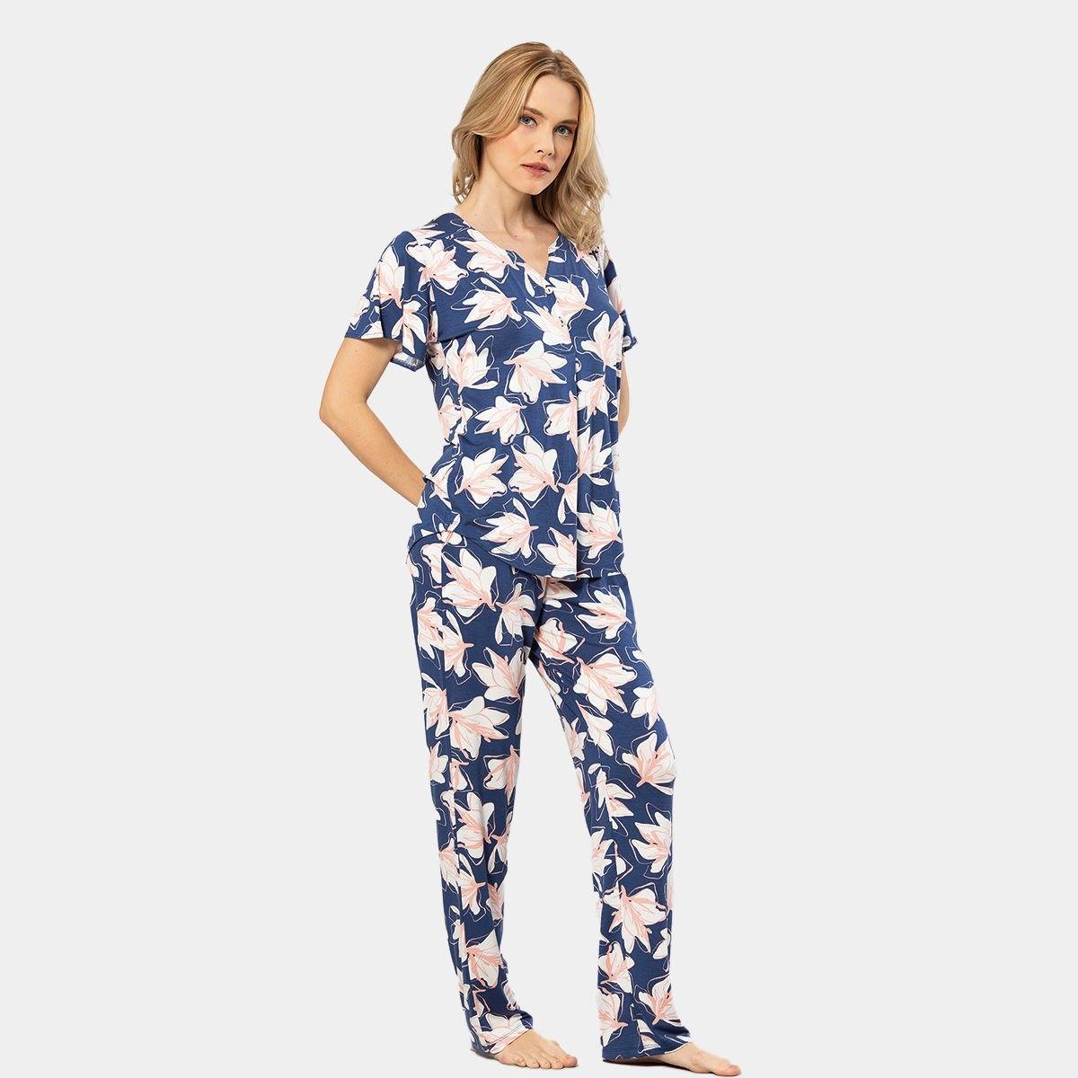 Patlı Örme Kısa Kollu Gömlek Yaka Kadın Pijama Takımı Viskon Elastan Türen 3606 - Lacivert