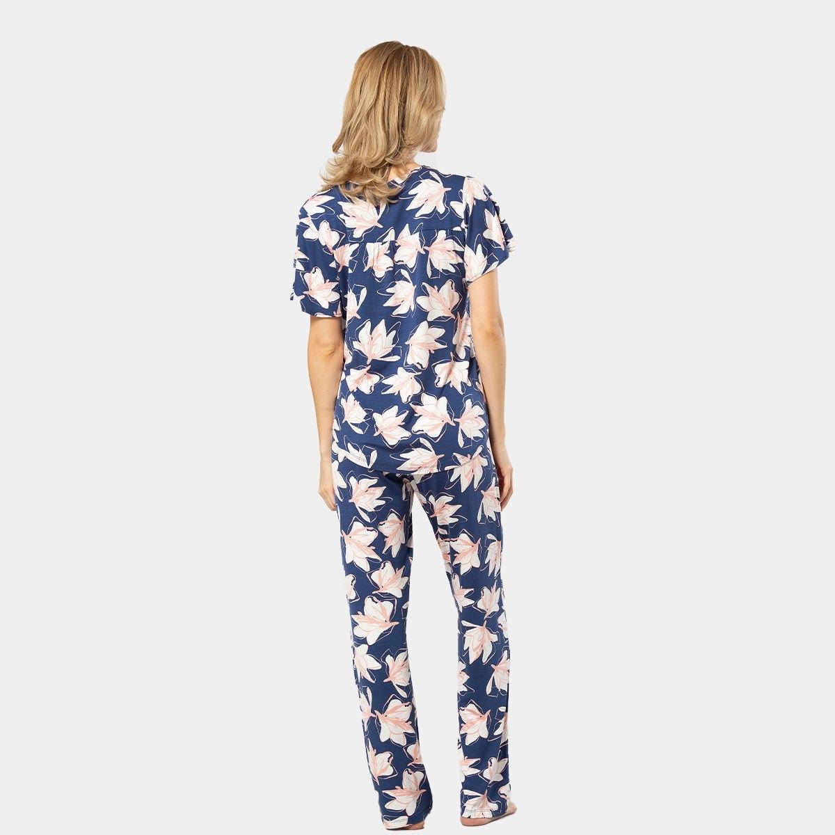 Patlı Örme Kısa Kollu Gömlek Yaka Kadın Pijama Takımı Viskon Elastan Türen 3606 - Lacivert