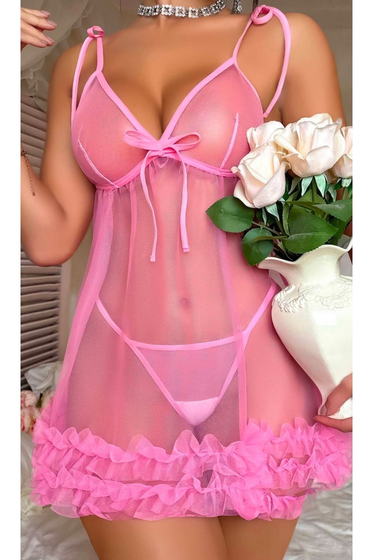 Pembe Dantel Transparan Tül Gecelik Tanga Takımı Ruselin 2096 - Pembe