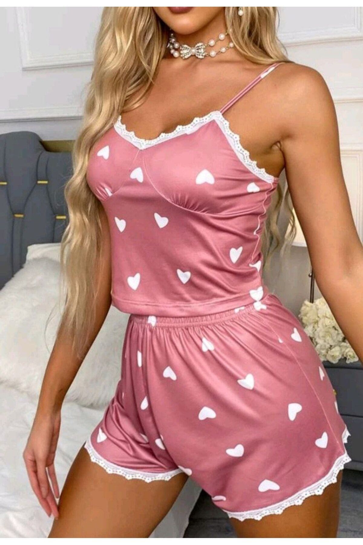 Pembe Dantel Kenarlı Kalpli Şort Takım Ruselin 5019 - Pembe