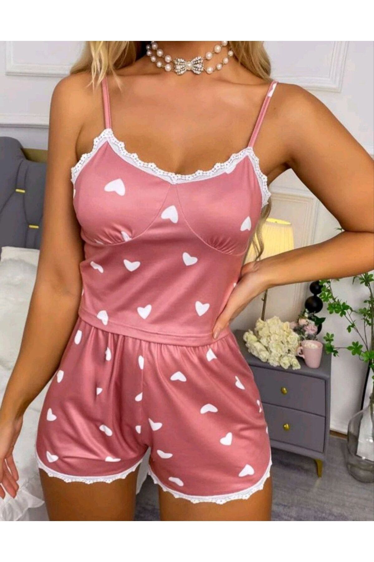 Pembe Dantel Kenarlı Kalpli Şort Takım Ruselin 5019 - Pembe