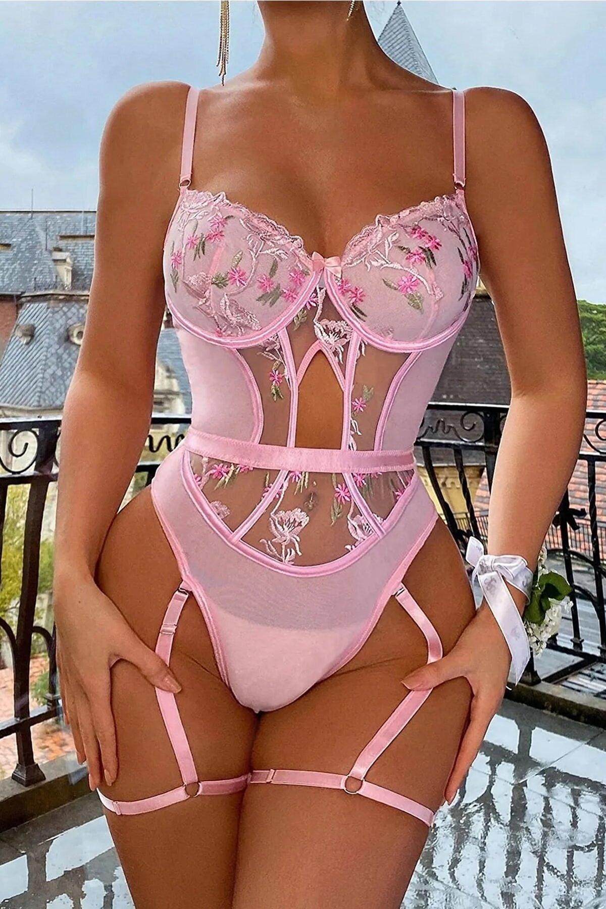 Pembe Transparan Dantel Desenli Fantezi Body For Dreams 8413 - Pembe