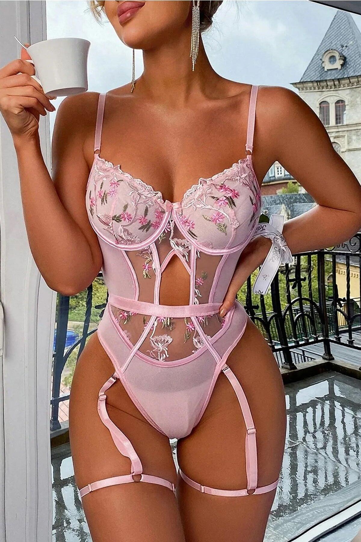 Pembe Transparan Dantel Desenli Fantezi Body For Dreams 8413 - Pembe