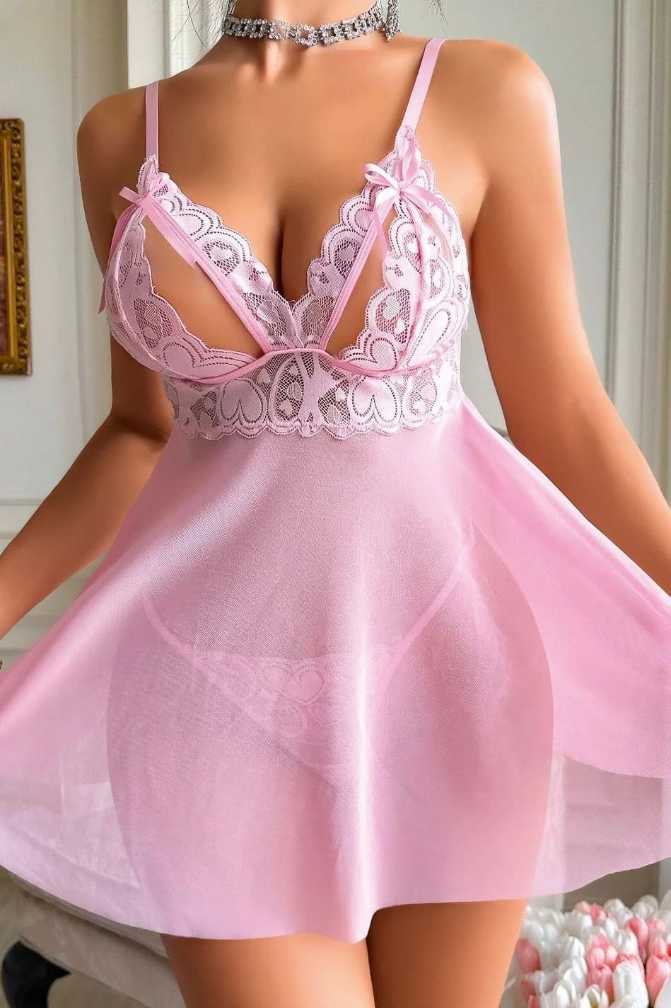 Pembe Tül Göğüs Dekolteli Fantezi Body Ruselin 2103 - Pembe