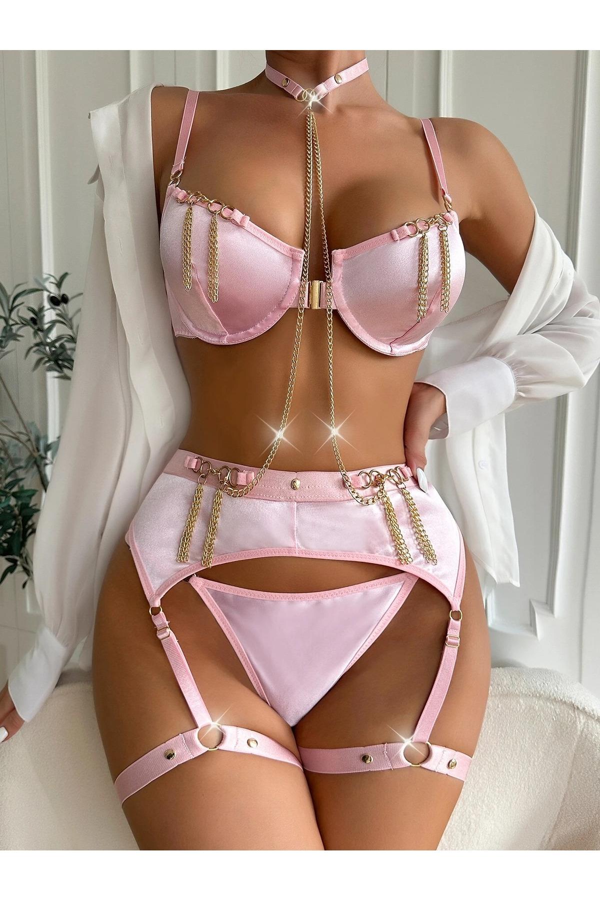 Zincir Süslemeli Saten Görünümlü Jartiyer Takım For Dreams 8424 - Pembe