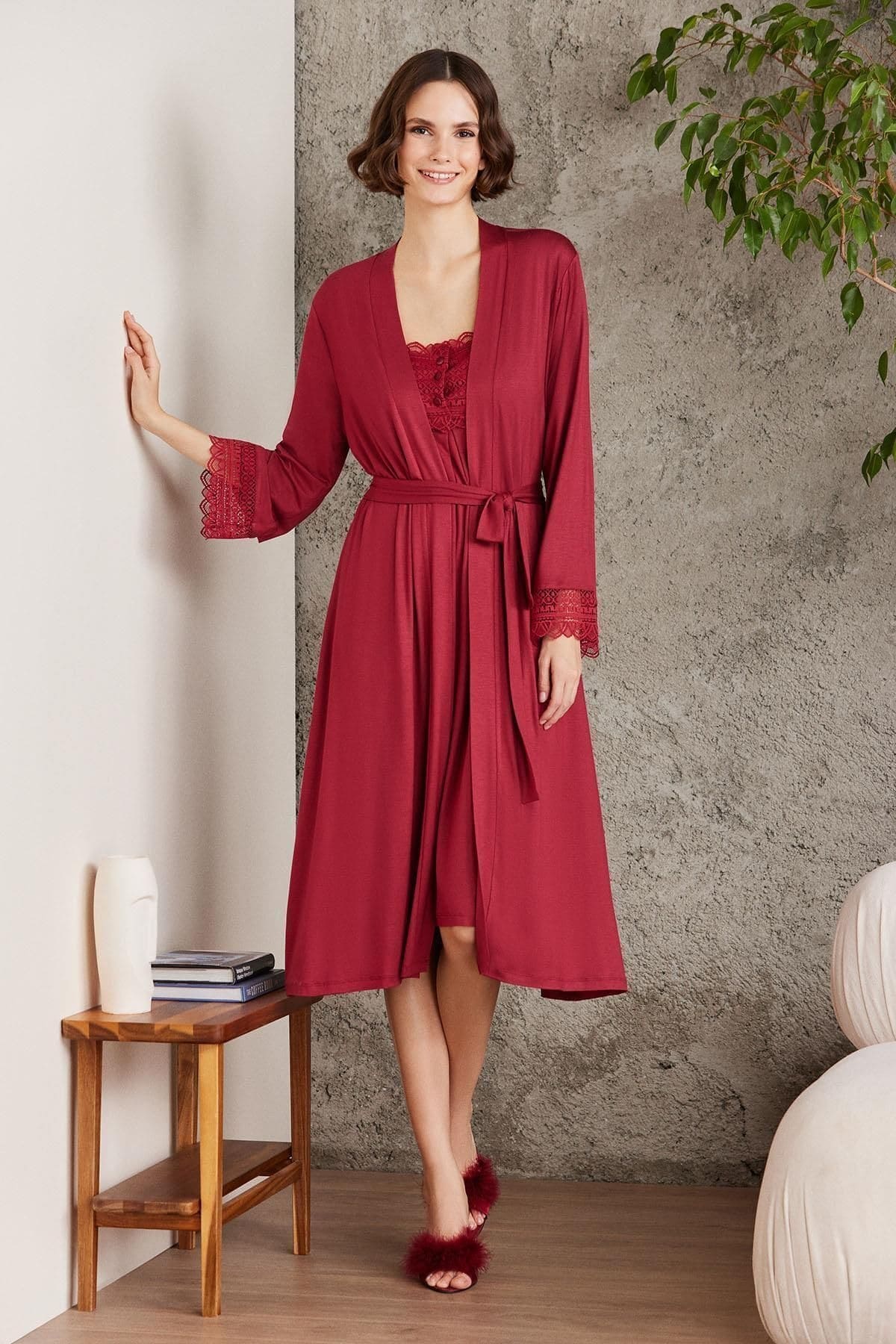 Penye Dantelli Kare Yaka Gecelik Sabahlık Takım Pierre Cardin 4005  - Bordo