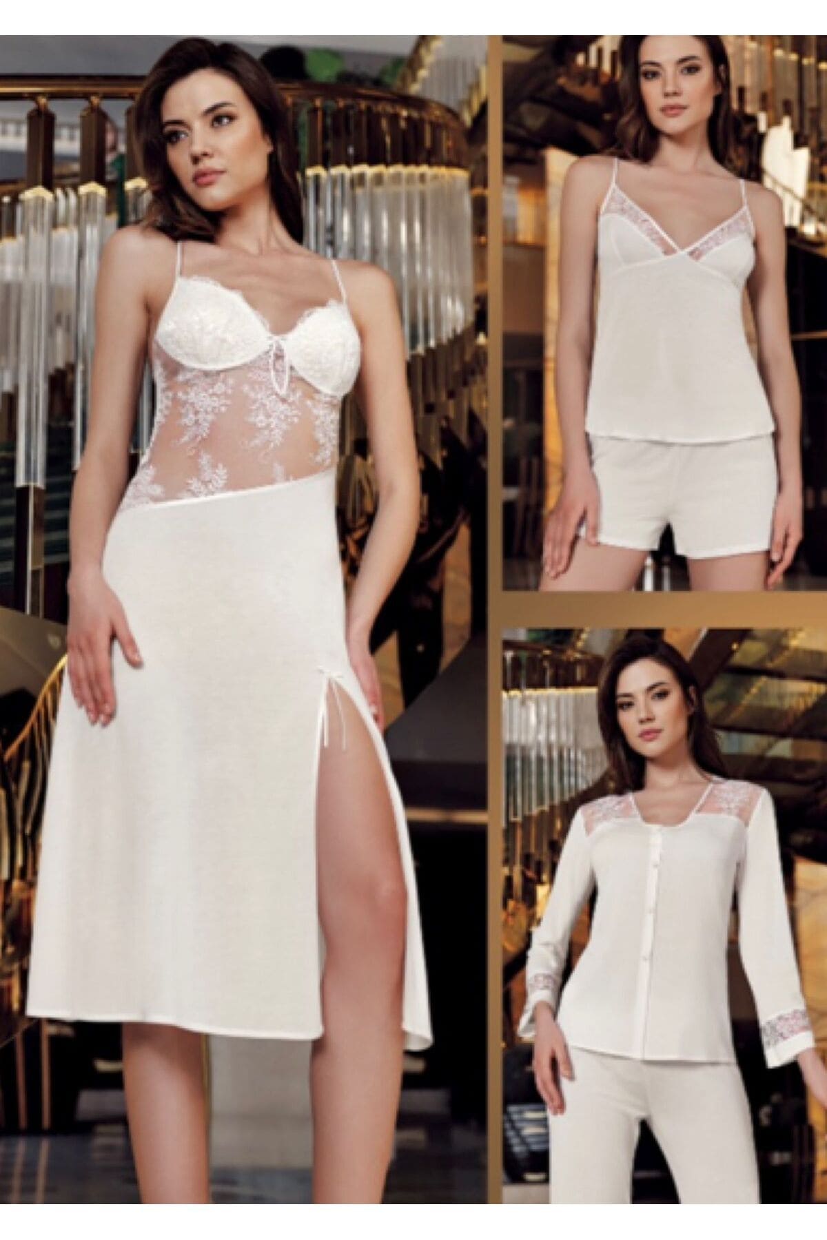 Penye Kumaşlı Gelin Çeyiz Altılı Gecelik Takım İmaj 9170 - Pudra