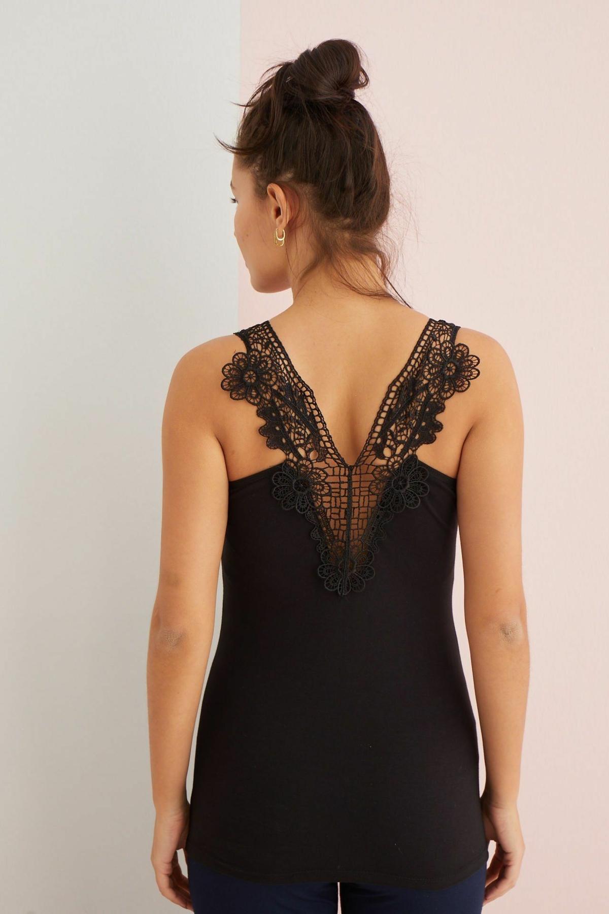 Yüksek Pamuklu V Kesim Güpürlü Atlet Polkan 2340 - Siyah