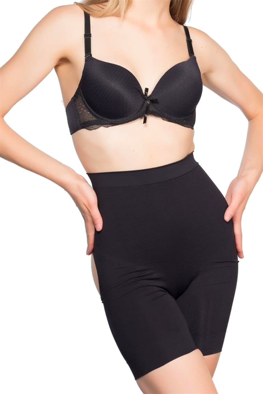 Dikişsiz Yüksek Bel Korse Popo Açık Paca Pera Fitol 8009 - Siyah
