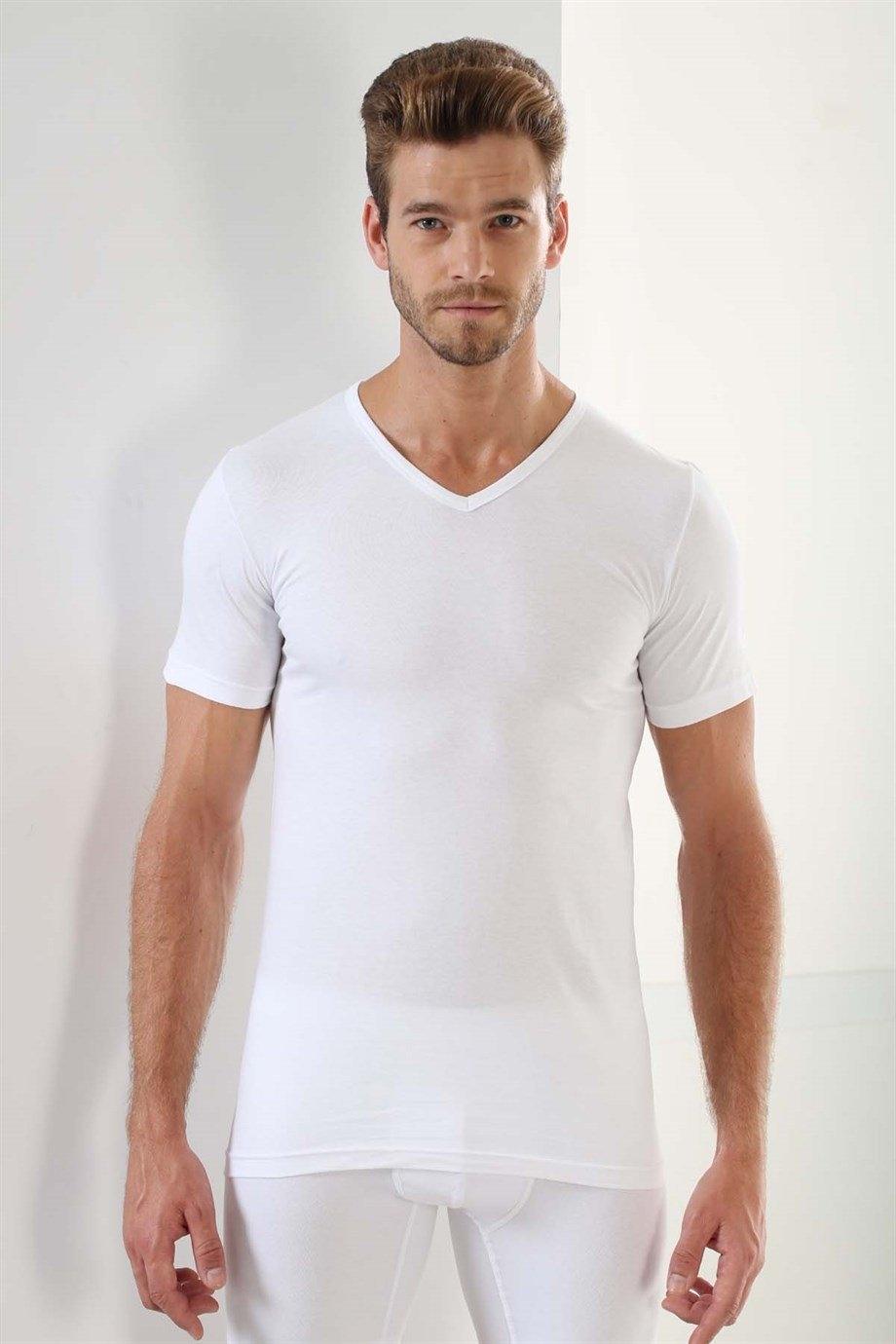 Pamuklu Ribana V Yaka Erkek Atlet Arma Yıldız 1003 - Beyaz