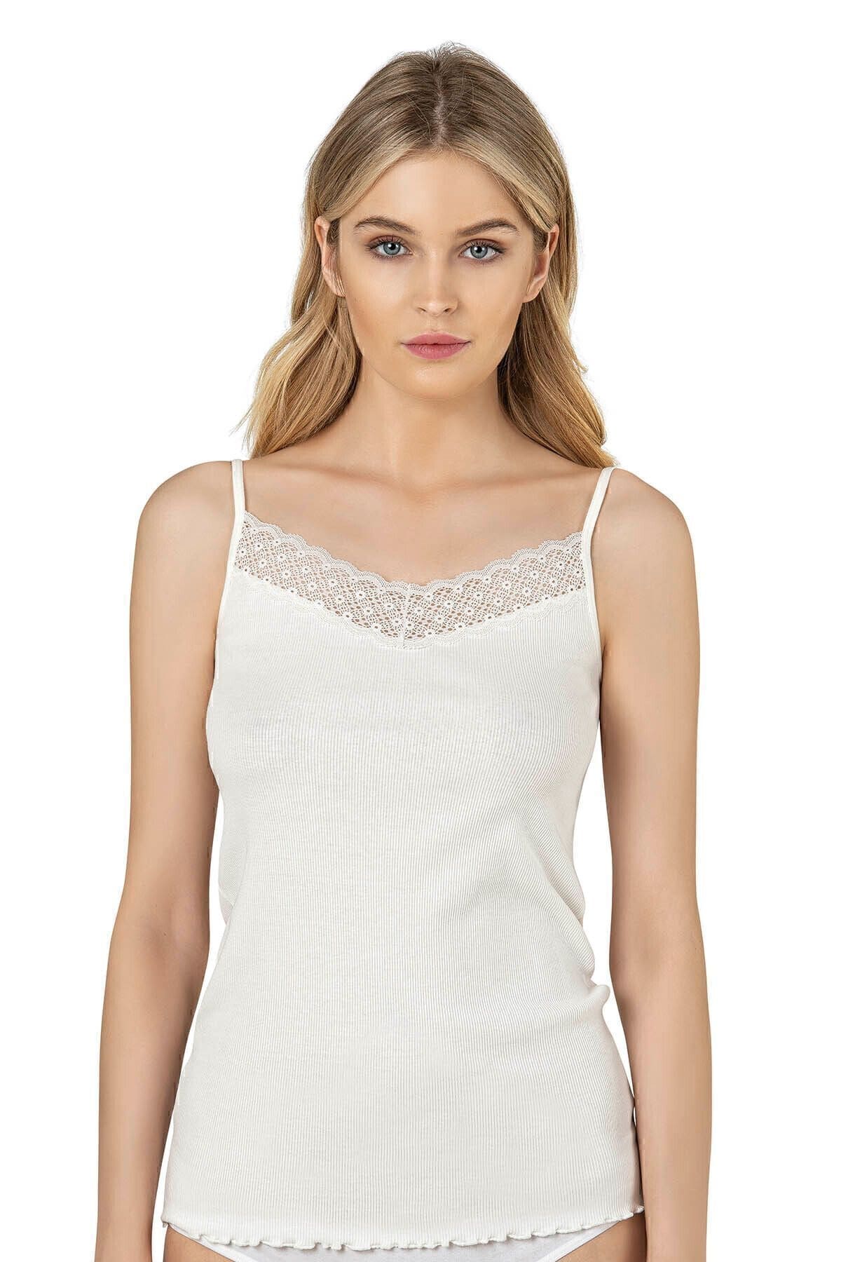 Dantelli İp Askılı Esnek Viskon Kadın Atlet Özkan 26956 - Ekru