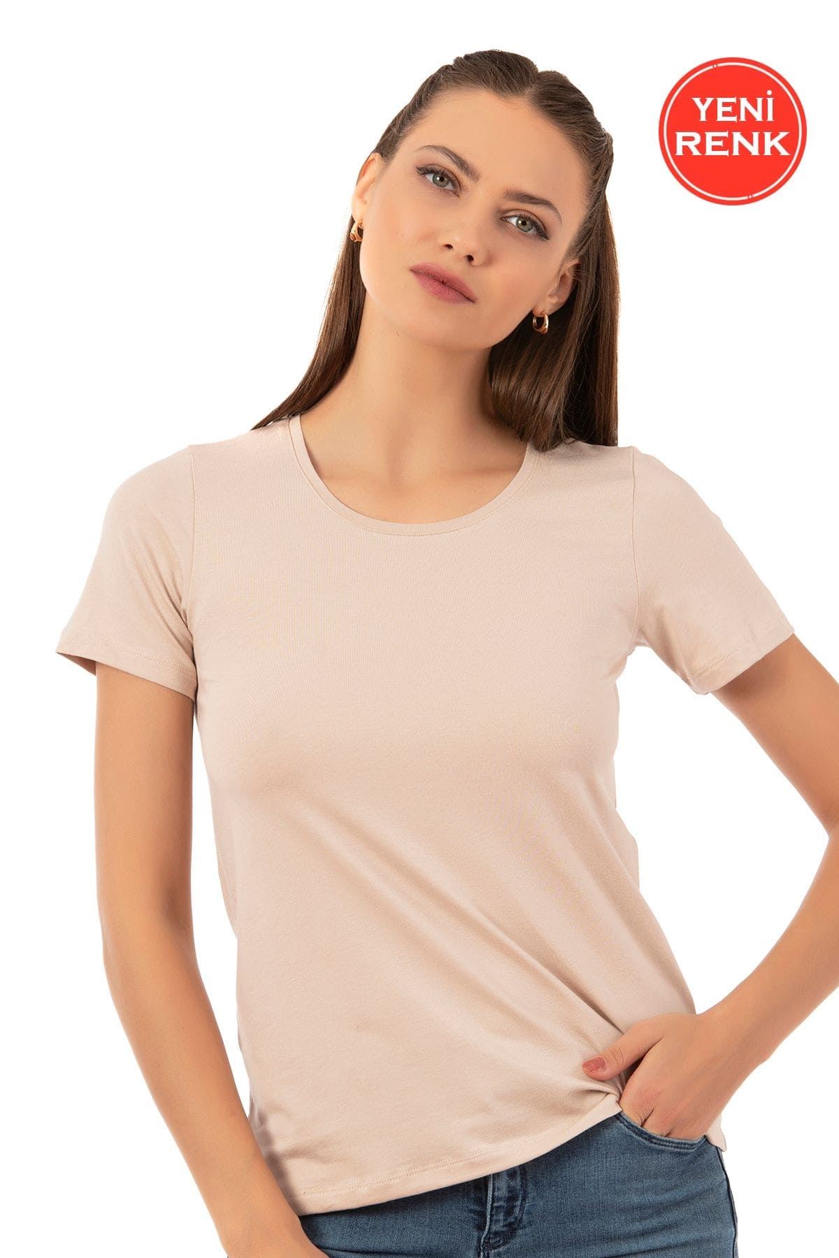 Yüksek Pamuk Oranı Viskon Kısa Kollu T-Shirt Özkan 26976 - Ten