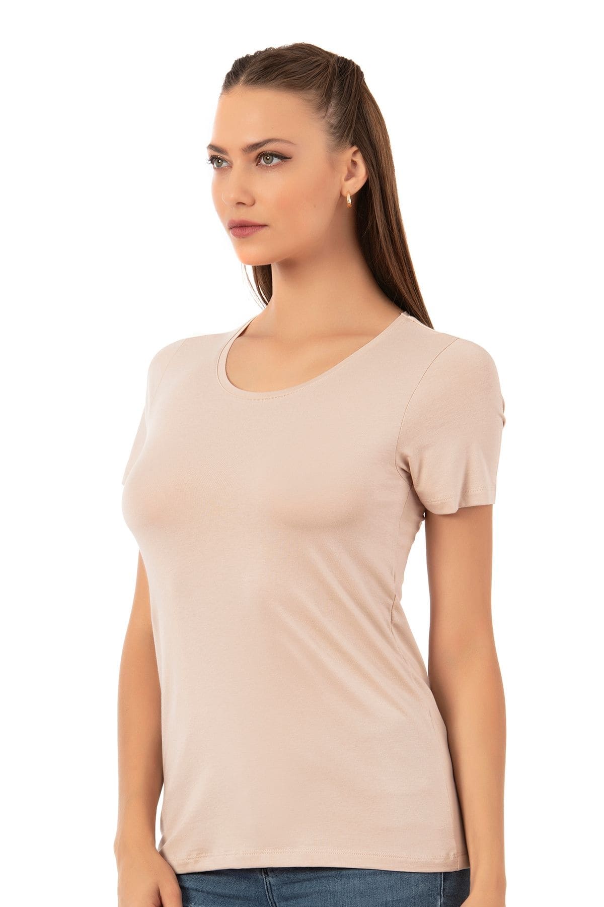 Yüksek Pamuk Oranı Viskon Kısa Kollu T-Shirt Özkan 26976 - Ten