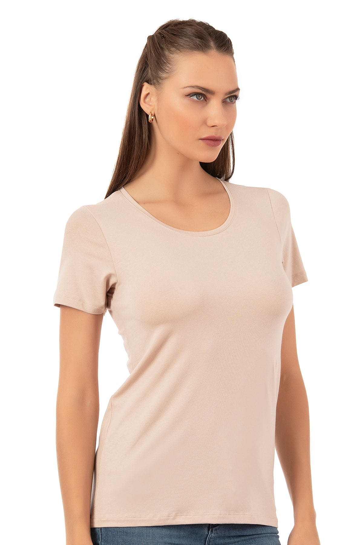 Yüksek Pamuk Oranı Viskon Kısa Kollu T-Shirt Özkan 26976 - Ten