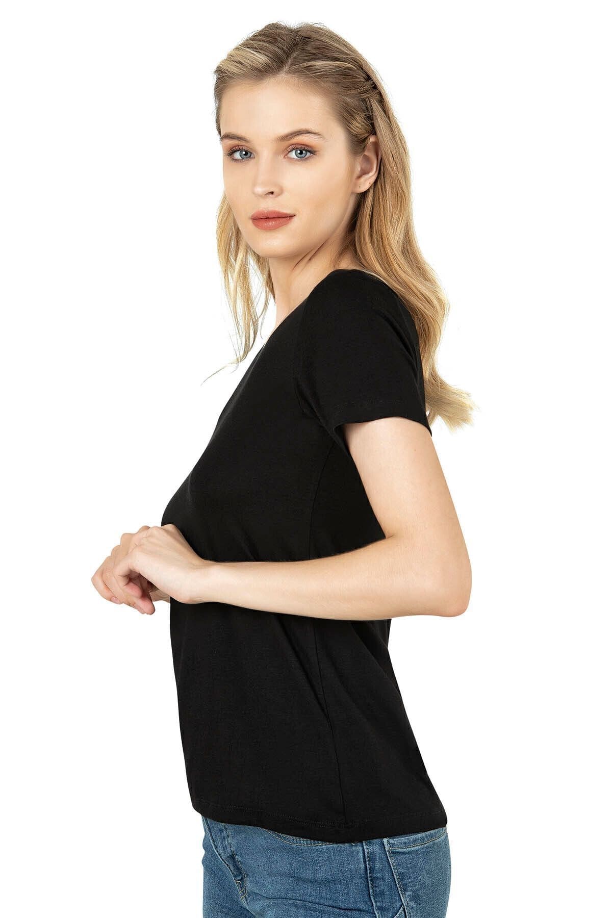 Yüksek Pamuk Oranı Viskon Kısa Kollu T-Shirt Özkan 26976 - Siyah