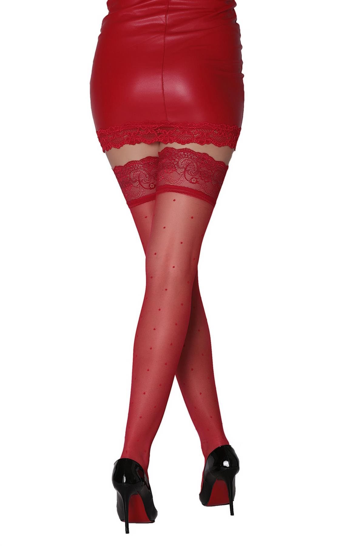 Puantiye Silikonlu Dantelli Jartiyer Çorap Kadın Çorap Daymod 1321010 - Kırmızı