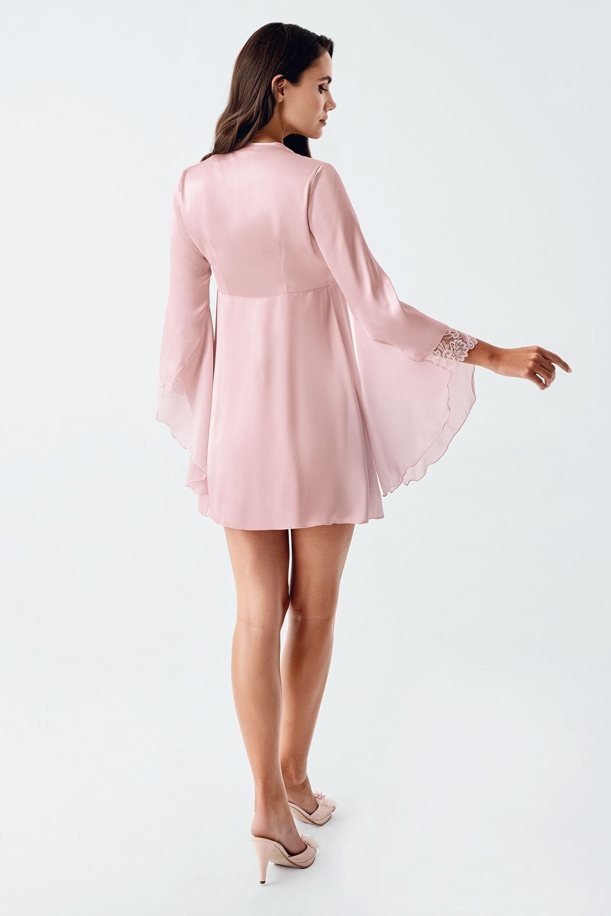 Saten Tül Dantel Detaylı 2li Gecelik Takım İmaj 104 - Pudra