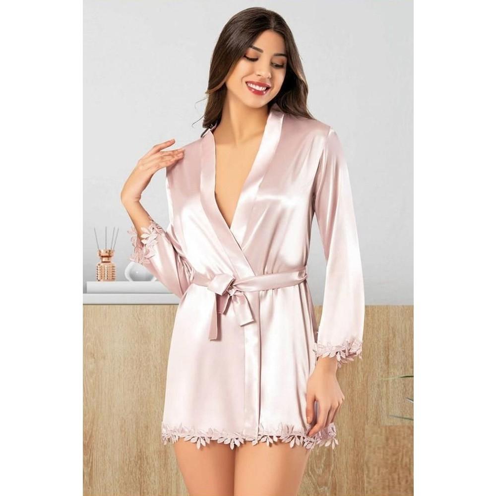 Pudra Dantelli Saten Kuşaklı Kadın Sabahlık XSES 2112 - Pudra