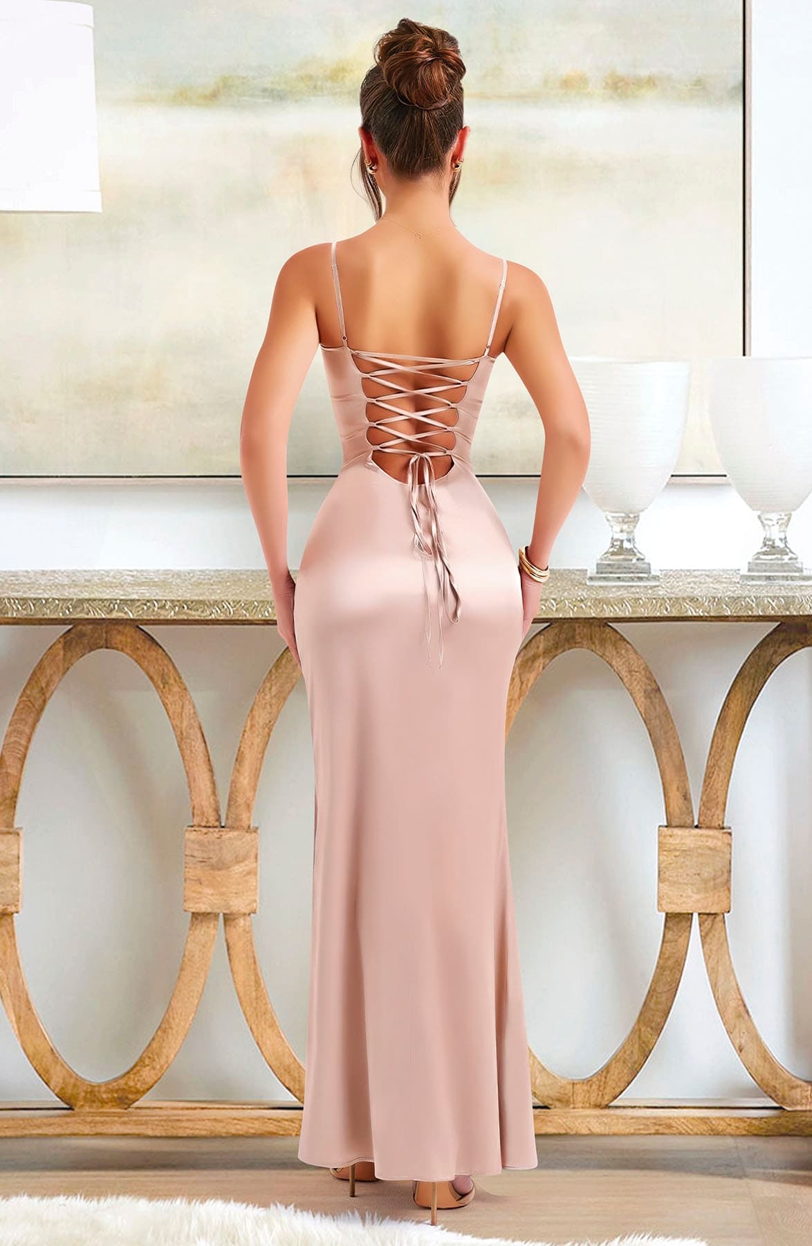 Pudra Dekolteli Parlak Uzun Kadın Elbise Pink Night 5550 - Pudra