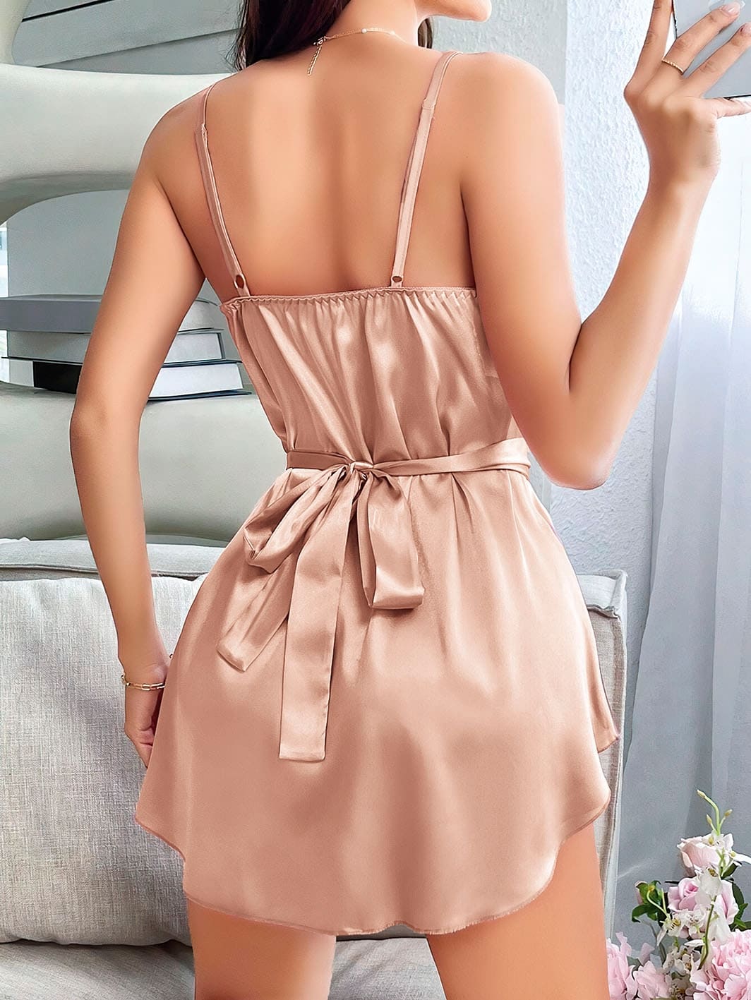 Pudra Kuşaklı Saten Gecelik Şık Doku Kadın Gecelik Pink Night 3867 - Pudra