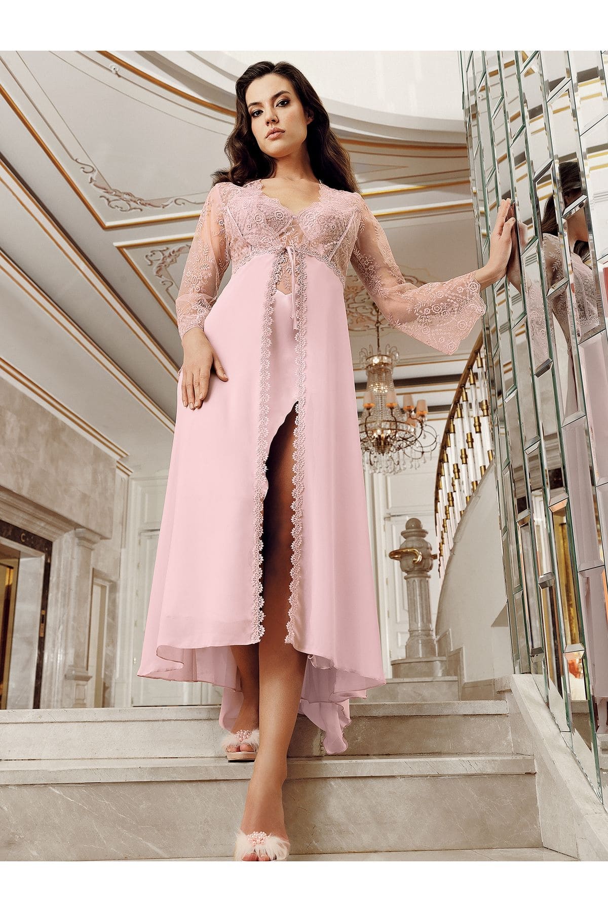 Kuyruklu Sabahlıklı Gecelik Saten Set Siyah-Gri İmaj 4206 - Pudra