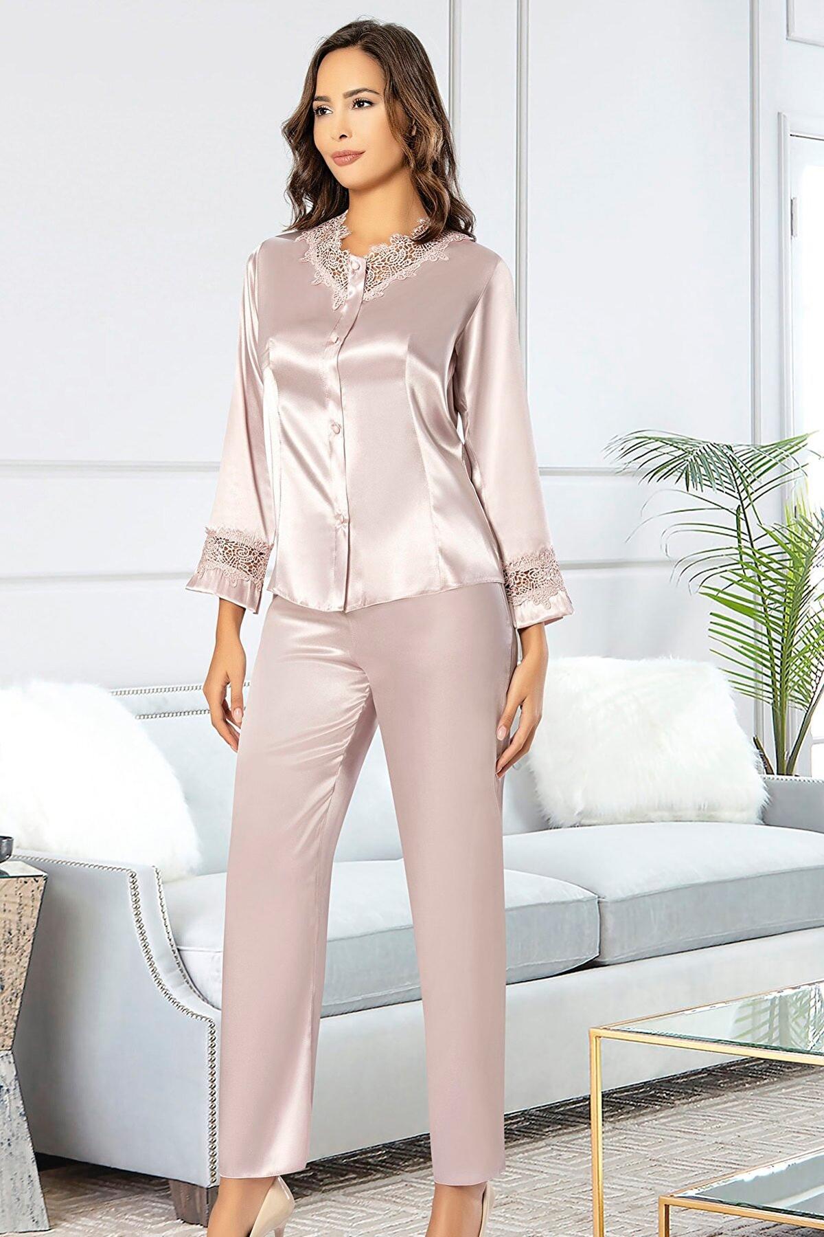 Dantelli Pudra Saten Gelin Çeyiz Seti XSES 1002 - Pudra