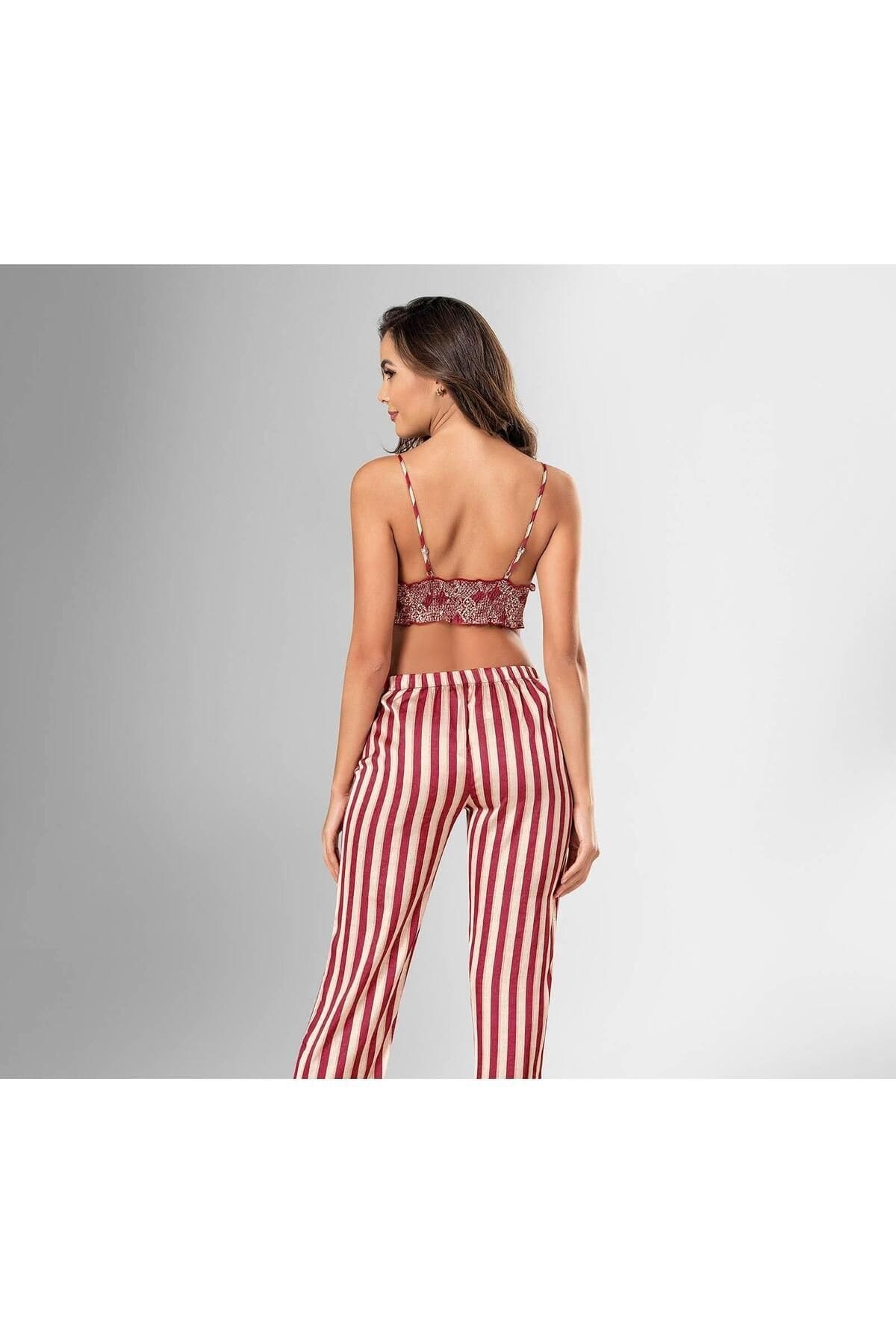Kırmızı Çizgili Sabahlık Sütyen Pijama Takımı Ahu 1844 - Kırmızı