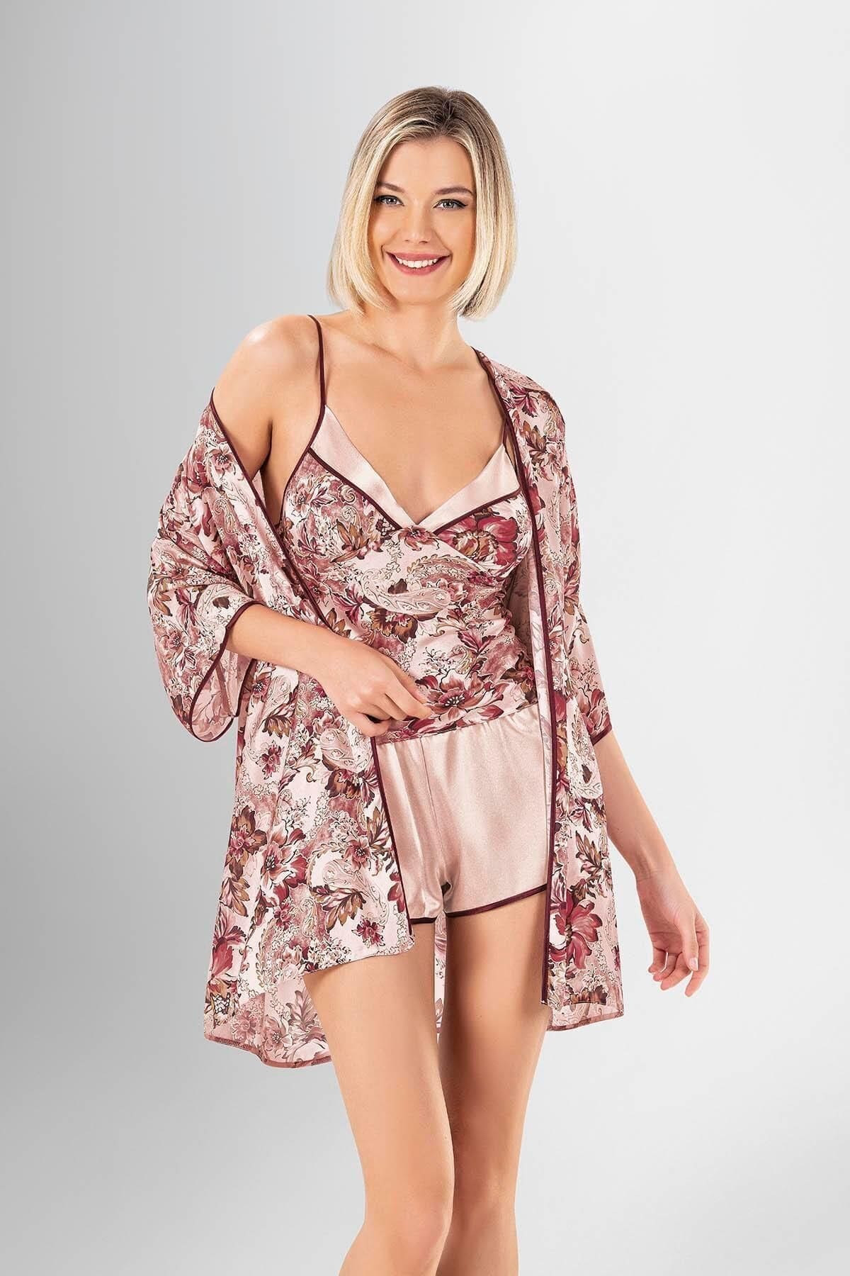 Desenli Şort Takım Sabahlık Ahu 1907 - Pudra