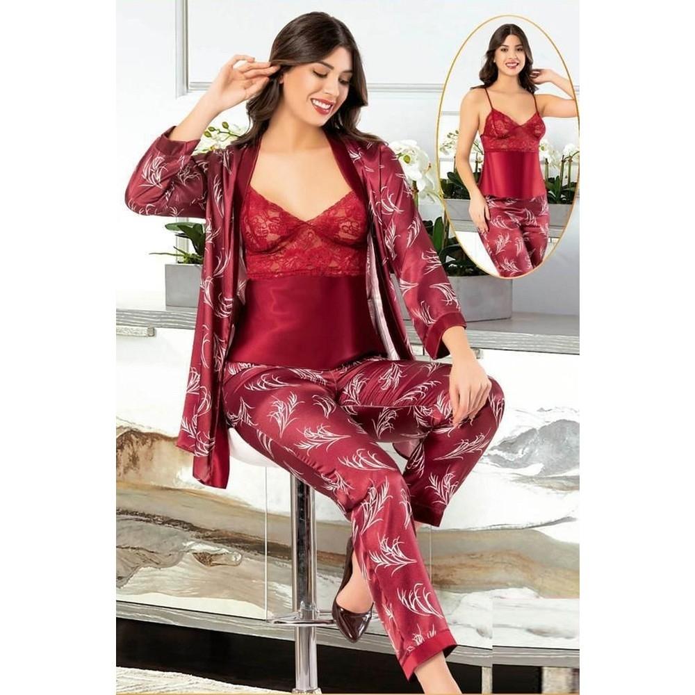 Dantelli Saten Sabahlıklı Pijama Çeyiz Seti XSES 2150 - Bordo
