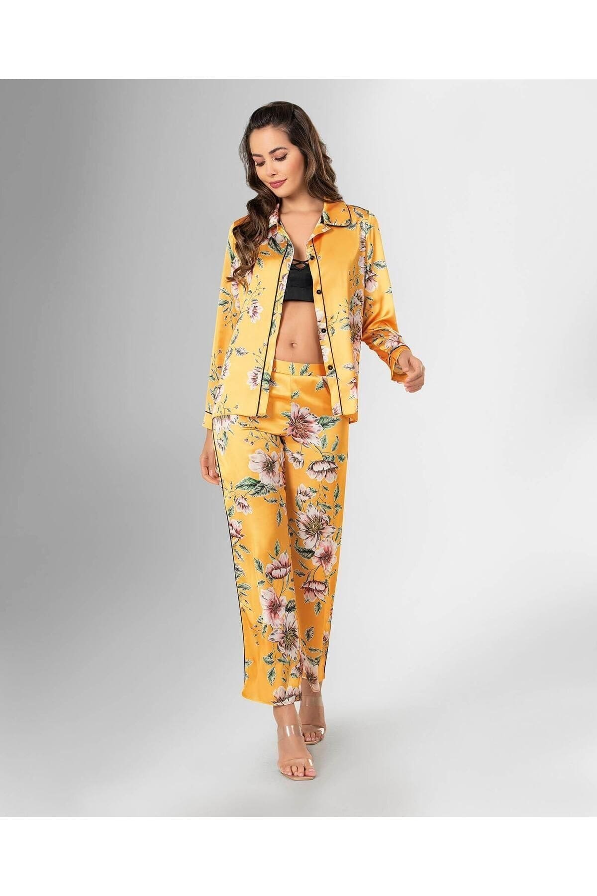 Sarı Çiçek Desenli Pijama Takımı Kadın Ahu 1847 - Sarı
