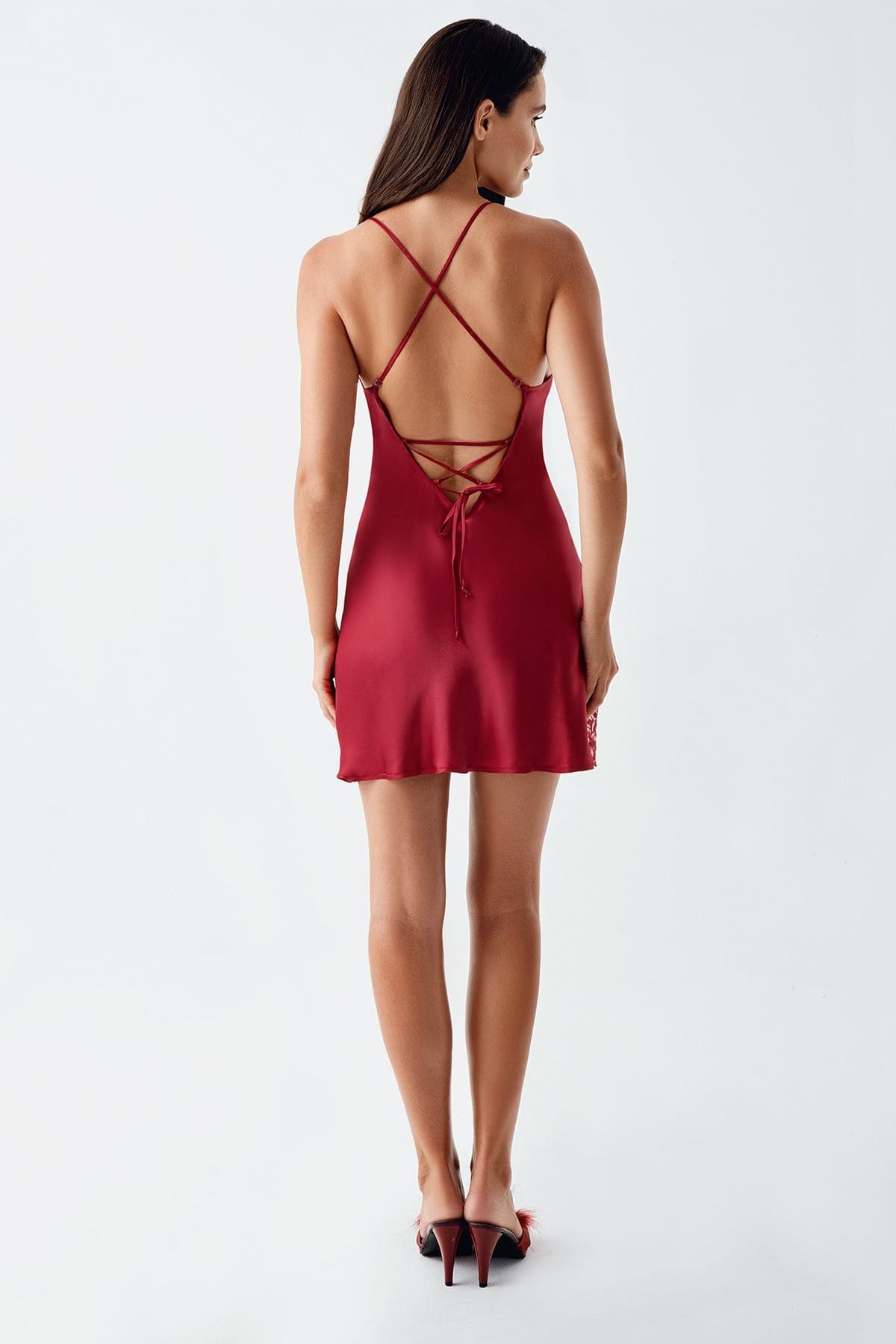 Saten Bordo Gecelik Takımı Dantel Detaylı İmaj 4200 - Bordo