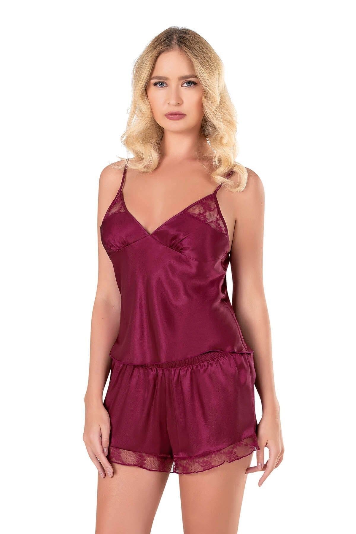 Saten Bordo Şort Takımı Esnek Rahatlık Ahu 9135 - Bordo