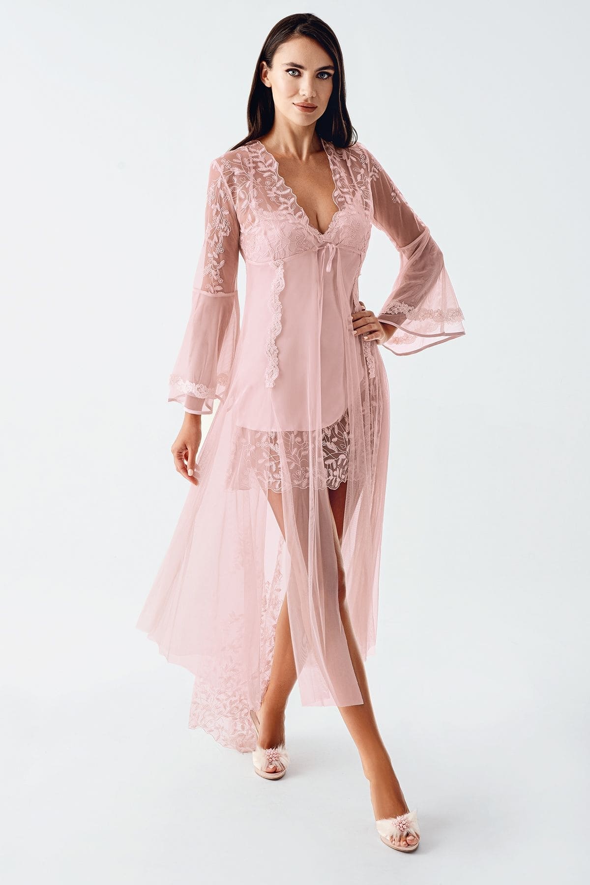 Saten Transparan Dantel Detaylı Gecelik Takımı İmaj 4200 - Pudra