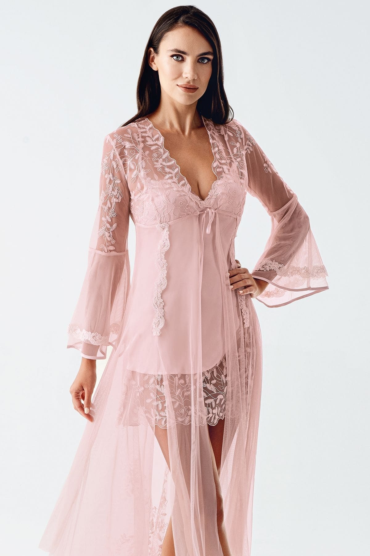 Saten Transparan Dantel Detaylı Gecelik Takımı İmaj 4200 - Pudra