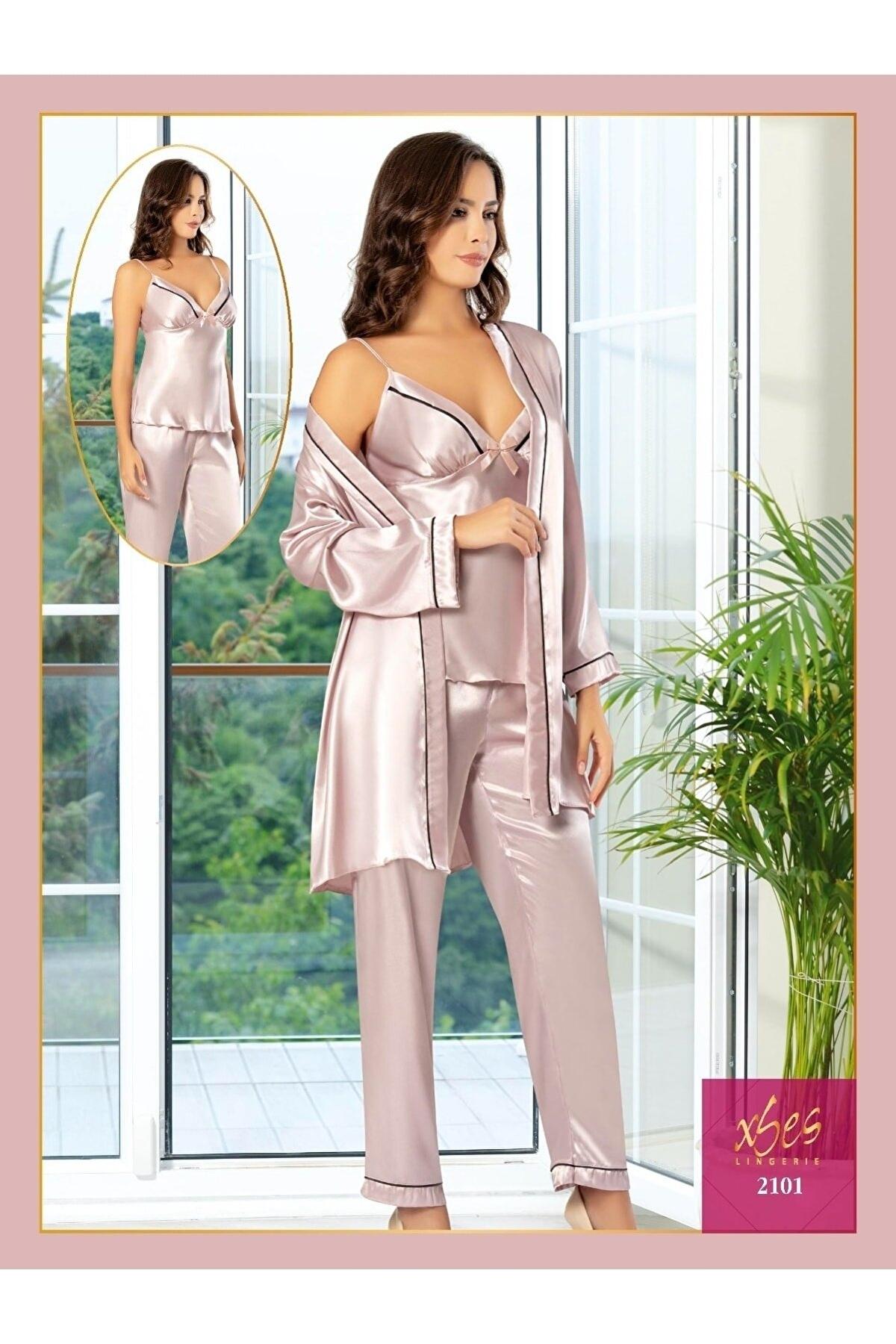 Saten İnce Askılı Çeyiz Seti Siyah-Gri XSES 2101 - Pudra