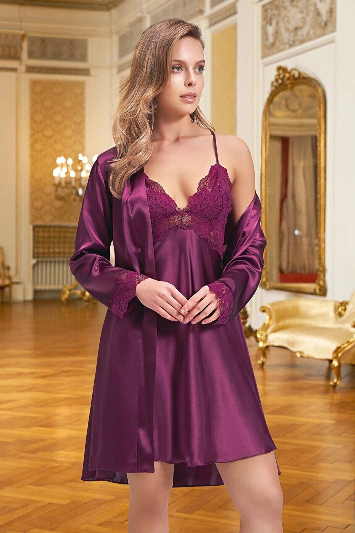 Polyester Saten Kimono Takım Pembe Somon Ten Yeşil Nurteks 5324 - Mor
