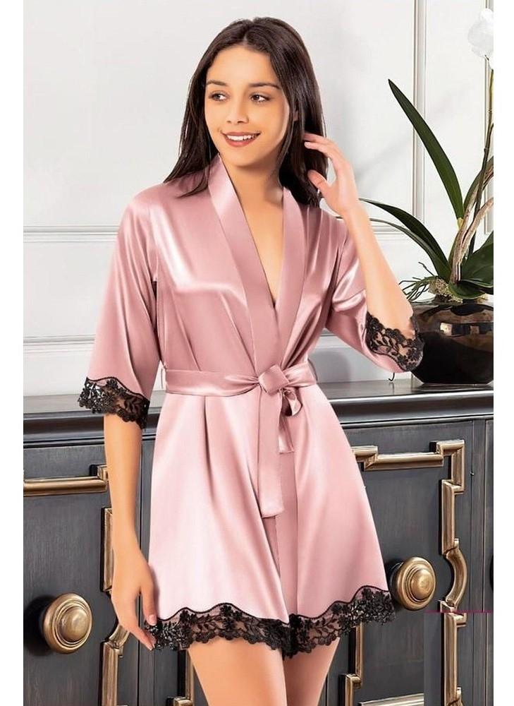 Saten Kısa Kuşaklı Dantelli Kadın Sabahlık XSES 2118 - Vizon