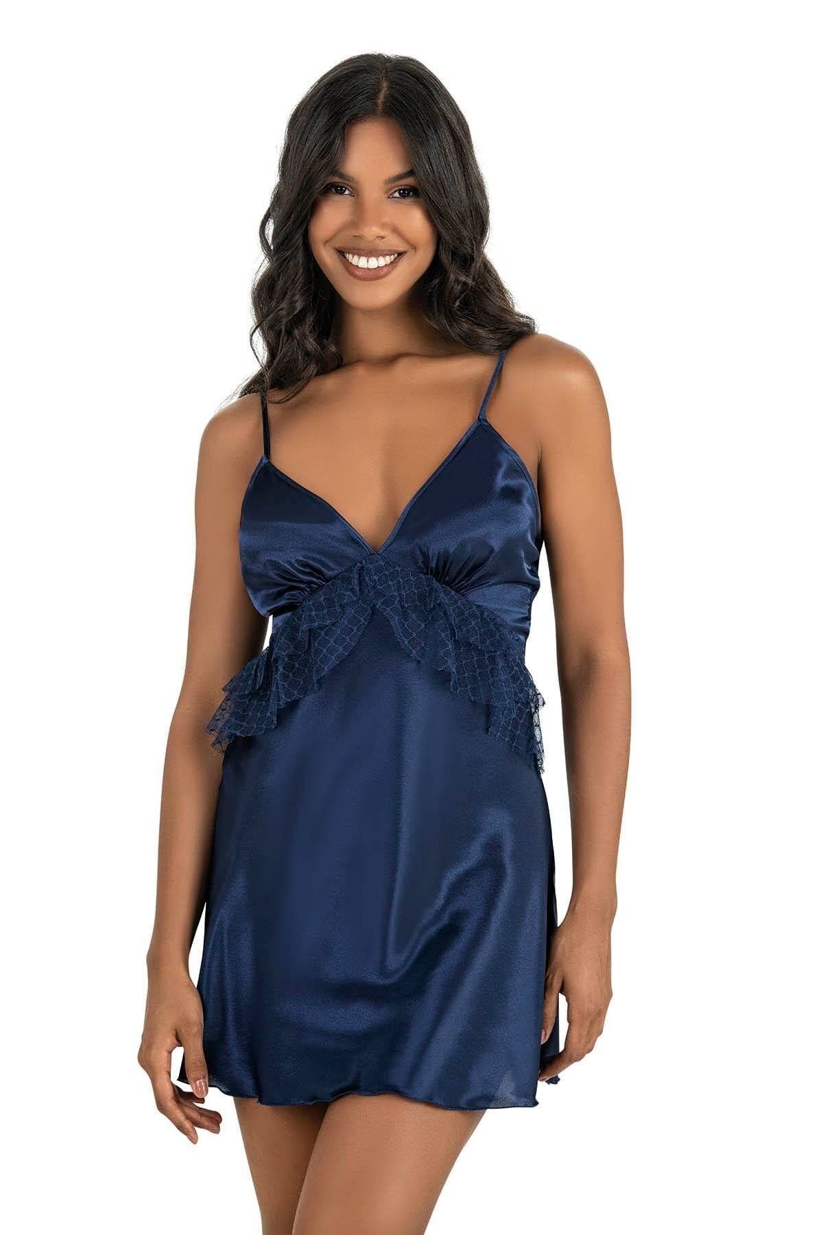 Saten Kısa Fırfırlı Gecelik Ahu 8225 - Lacivert